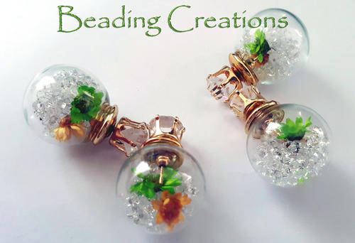 EARRINGS - CLEAR GLASS BALL DOUBLE SIDED STUD - DRIED FLOWERS AND CRYSTALS GREEN AND YELLOW