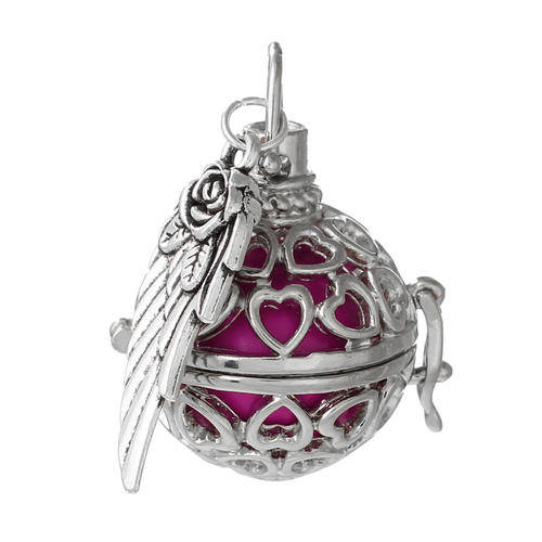 MEXICAN ANGEL CALLER - BOLA - HARMONY WISH BOX PENDANT - SILVERTONE - 18mm FUCHSIA  BALL - 4x2.5cm