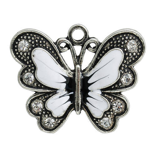 CHARMS -  ANTIQUE SILVER - WHITE ENAMEL - BUTTERFLY - PENDANTS - 34x27mm