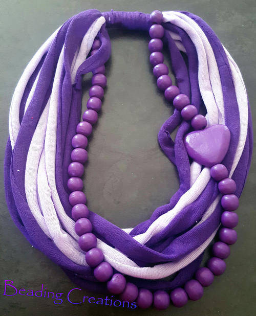 WOODEN BEADED SPAGHETTI YARN - T-SHIRT FABRIC SCARF NECKLACE - LILAC AND PURPLE