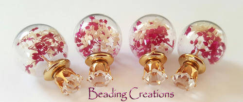 EARRINGS - CLEAR GLASS BALL DOUBLE SIDED STUD - DRIED FLOWERS CERISE PINK AND WHITE