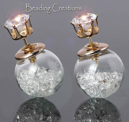 EARRINGS - CLEAR GLASS BALL DOUBLE SIDED STUD - AB CRYSTALS - CLEAR