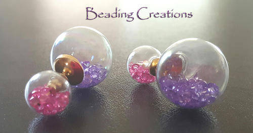 EARRINGS - CLEAR DOUBLE GLASS BALL STUD - LILAC AND PINK