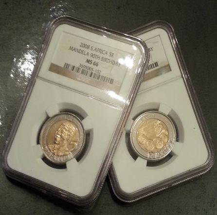 MS66 90th BIRTHDAY MANDELA AND SARB COINS. 2 IN 1!!!