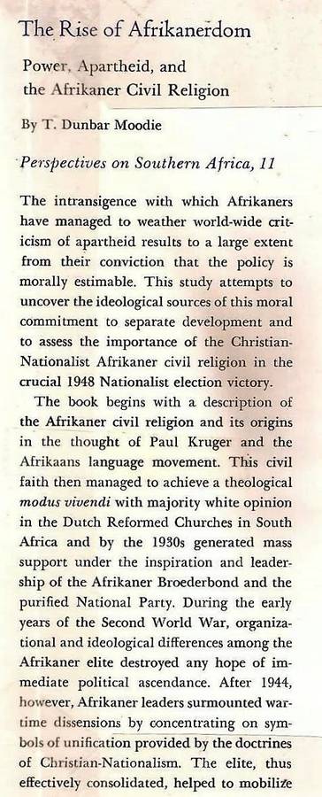 The Rise of Afrikanerdom: Power, Apartheid, and the Afrikaner Civil Religion.