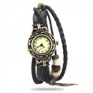 Retro Male Female Wrist Watch Bracelet Leather Strap Knit Wrap Around Quartz + Leaf Pendant H9740B