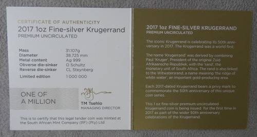 2017 1 oz Fine Silver Krugerrand Premium Uncirculated