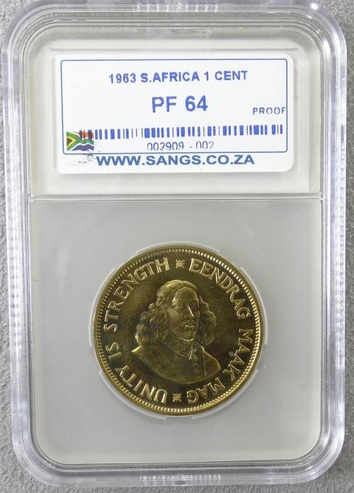 PROOF SOUTH AFRICA ONE CENT 1963 PF 64 SANGS