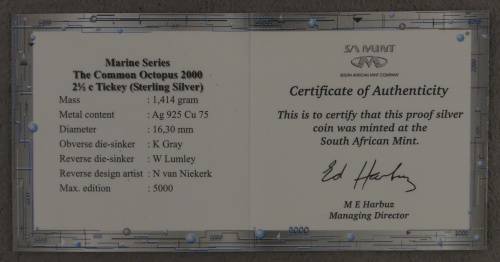 South Africa Proof Tickey 2 1/2 Cents 2000 Marine Series Octopus