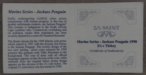 South Africa Proof Tickey 2 1/2 Cents 1998 Marine Series Jackass Penguin