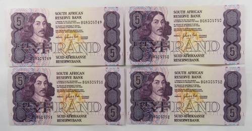 South Africa G. De Kock R5 BG 1990 Series 4 Consecutive Numbers UNC