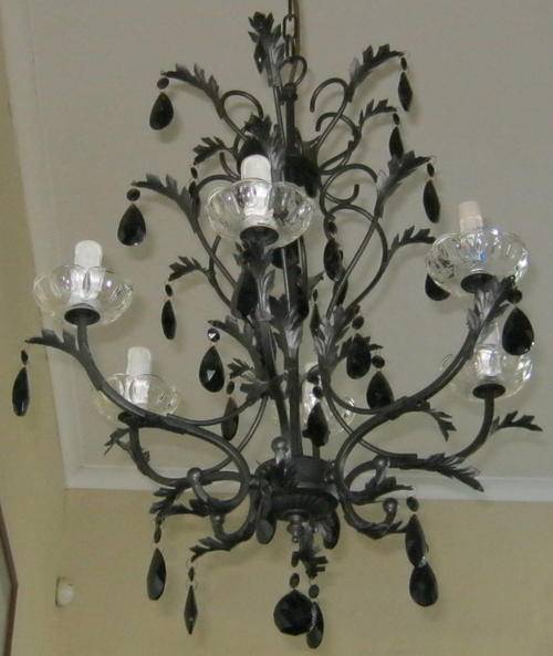 CRYSTAL CHANDELIER - WROUGHT IRON LOOK WITH DEEP RED CRYSTALS...STUNNING