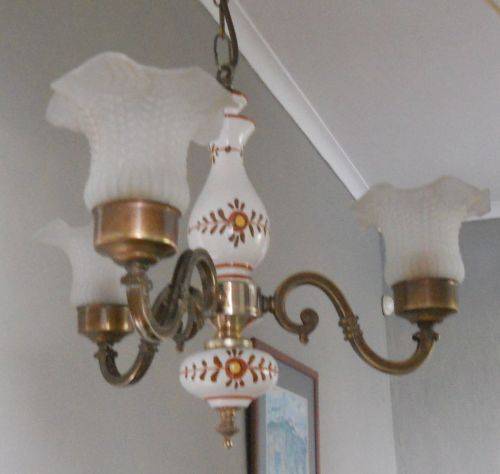 CHARMING THREE ARMED BRASS AND PORCELAIN CHANDELIER