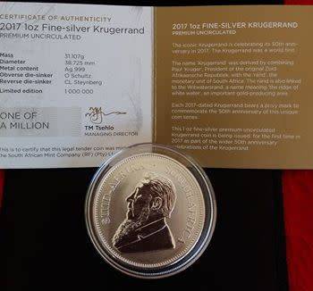 2017 1oz SILVER KRUGERRAND - PREMIUM UNCIRCULATED AND AUTHENTICATED
