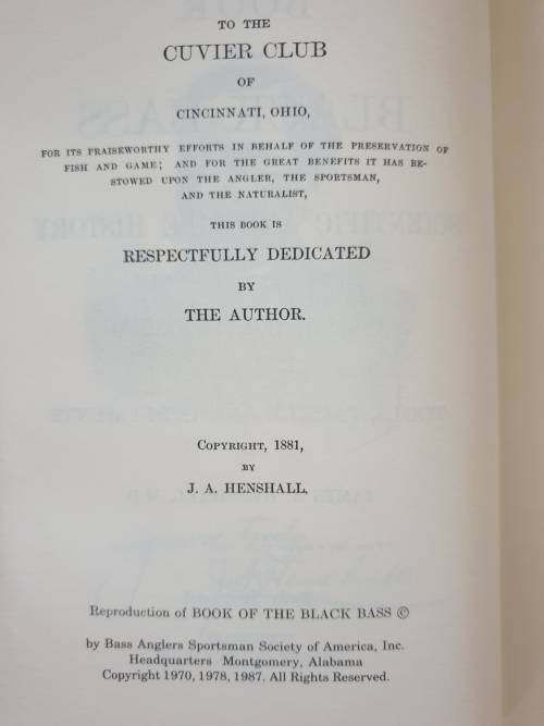 1881/1987. BOOK OF THE BLACK BASS. (Facsimile Copy) James A. Henshall.