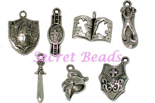 Antique Silver Armour of God charm set - 7 charms per set