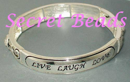 "Live, Laugh, Love" Antique Silver STRETCH Bracelet - Clear Crystal Insets (1pc)