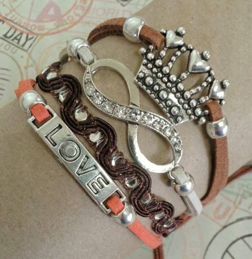 *** CLEARANCE SALE ***  Infinity Bracelet with Clear Crystals - Brown, Burned Orange, Beige, Tan