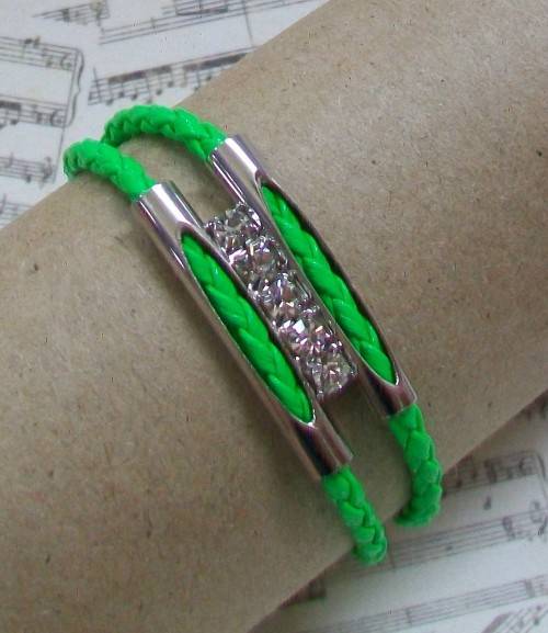 *** CLEARANCE SALE ***  Green Braided Cord Bracelet with Clear Crystals - Length 14.5cm