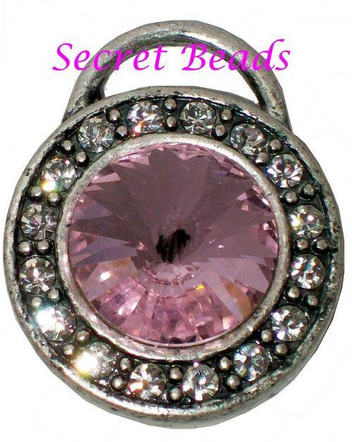 Burnished Silver Pendant - Pink Faceted Glass & Diamante
