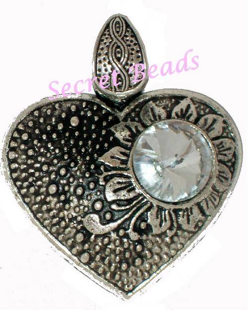Ant. Silver Clip on Heart Pendant -  Clear Diamante