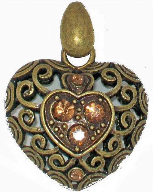 Open-work Ant. Bronze Clip on Heart Pendant -  Brown Diamante