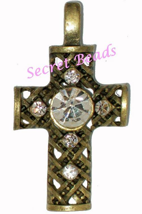 Ant. Bronze Clip on Cross Pendant - Clear Diamante