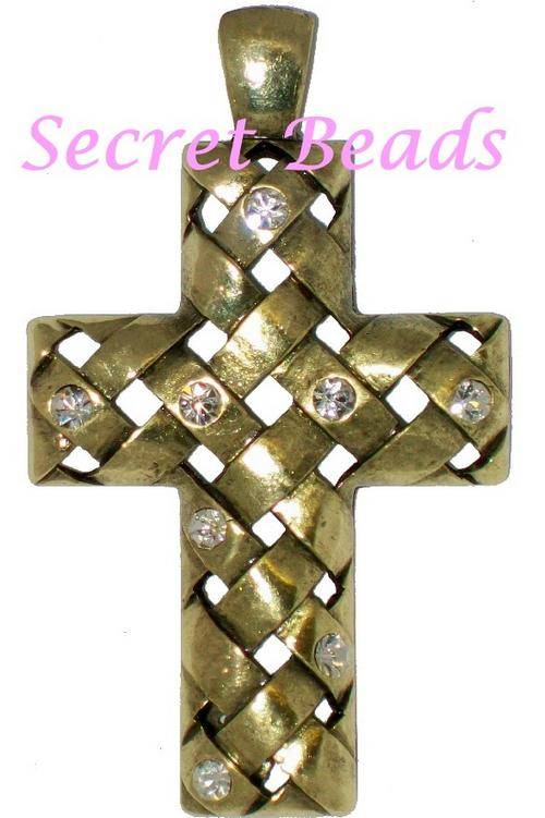 Large Brass Clip on Cross Pendant  - Clear Diamante Insets