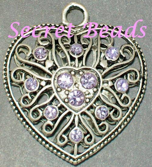 Ant. Burnished Silver Open-work Filigree Pendant with Lilac Diamanté Insets