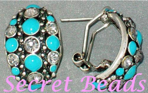 16 X 22mm - Tibetian Silver Designer Earrings - Aqua Enamel & Clear Diamante Insets