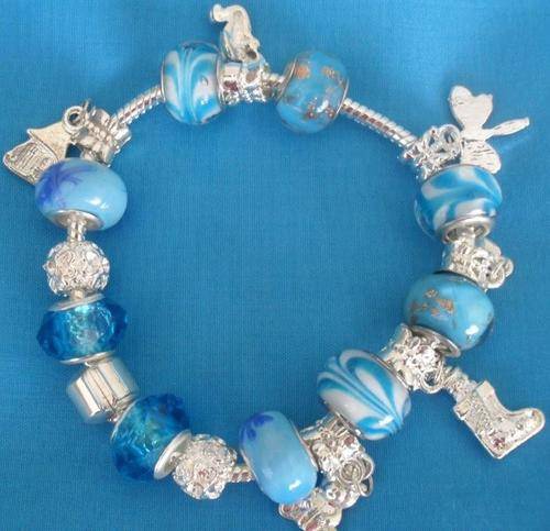 Gorgeous Pandora Style Bracelet with Handcrafted Glass Beads In Shades of Blue