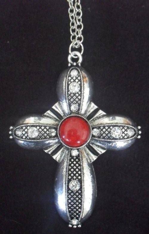 STUNNING ! Large Silver Cross Pendant with Red & Diamante Type Stones.Comes with a long chain.