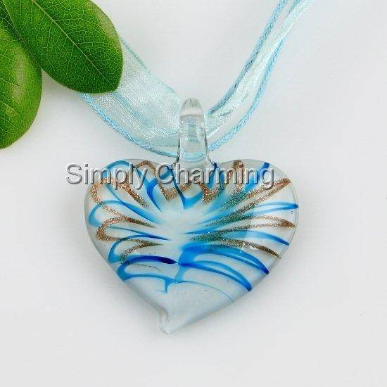 Handcrafted Glass Heart Pendant with Swirled Stripes of Turquoise & Gold Glitter - STUNNING !