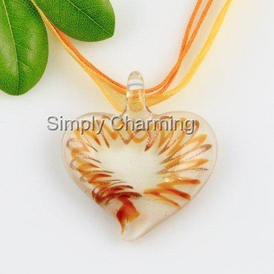 Handcrafted Glass Heart Pendant with Swirled Stripes of Yellow/Gold & Gold Glitter - STUNNING !