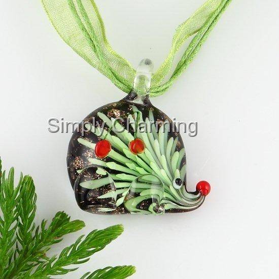 ADORABLE ! Pale Green Glass Hedgehog Pendant - with 3D Flower Set Inside The Glass - UNIQUE !