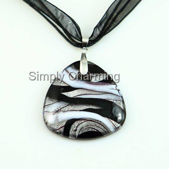 Glass Pendant with Silver Foil Background & Swirls of Black & White - HANDCRAFTED !