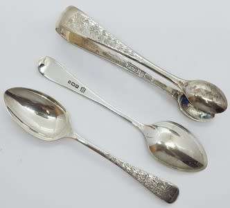 Set of 12 Hallmark Silver spoons and sugar tongs in box- as per photo