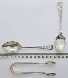 Set of 12 Hallmark Silver spoons and sugar tongs in box- as per photo