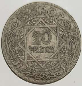 20 Francs Morrocan 1347 Hijri (1929-1934) coin, 68% silver 20g as per photo