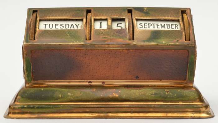 Vintage Perpetual Brass & Pig Skin Desk Calendar made in England as per photo