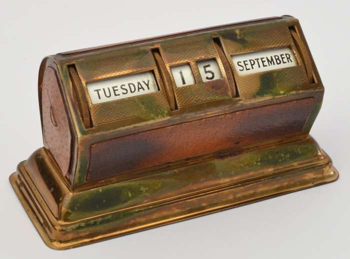 Vintage Perpetual Brass & Pig Skin Desk Calendar made in England as per photo