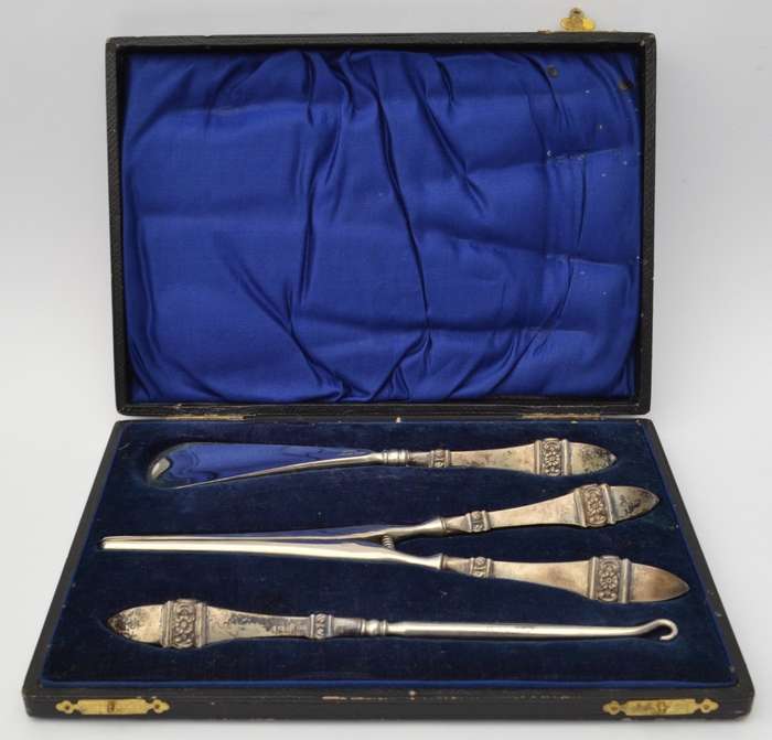 Sterling Silver Antique Victorian Shoe Horn, Glove Stretcher & Button Hook Set as per photo