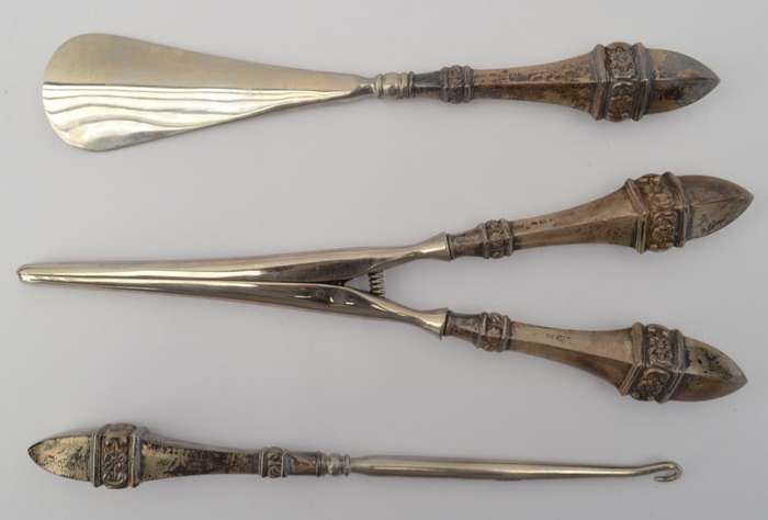 Sterling Silver Antique Victorian Shoe Horn, Glove Stretcher & Button Hook Set as per photo