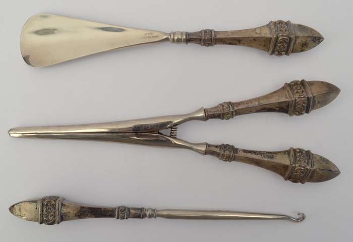 Sterling Silver Antique Victorian Shoe Horn, Glove Stretcher & Button Hook Set as per photo
