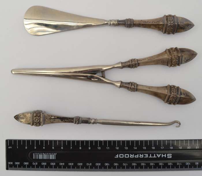 Sterling Silver Antique Victorian Shoe Horn, Glove Stretcher & Button Hook Set as per photo