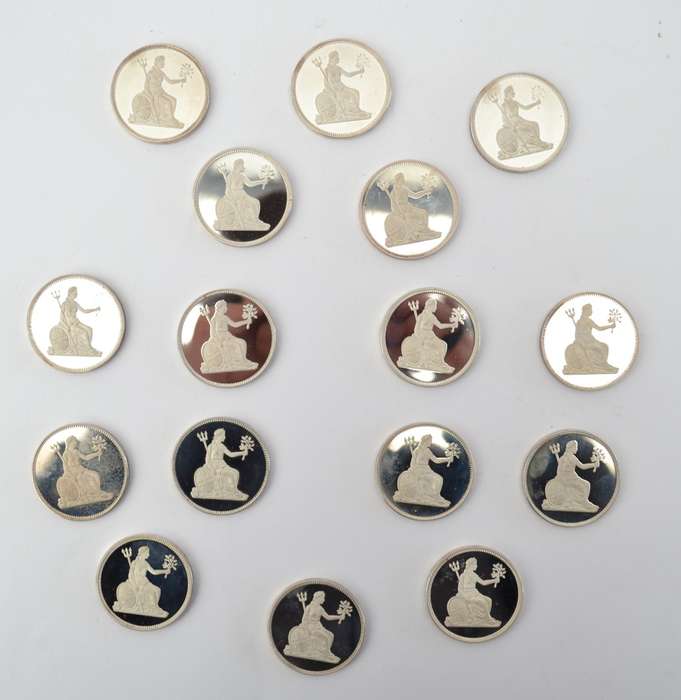 UK Royal Collection Set of 16 Sterling Silver Medallions as per photo