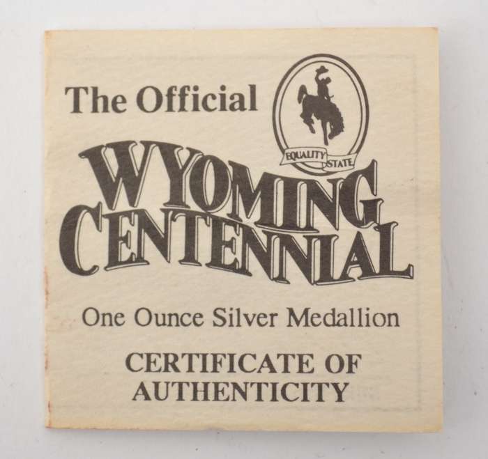 1990 Equality State of Wyoming 1 Ounce Silver Medallion as per photo