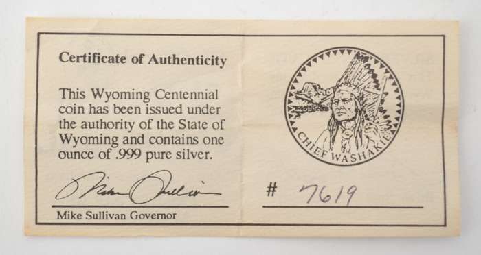 1990 Equality State of Wyoming 1 Ounce Silver Medallion as per photo