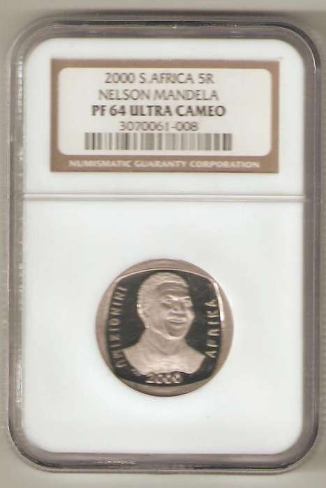 NELSON MANDELA 2000 R5 NGC GRADED PF64 ULTRA CAMEO @ R1 START