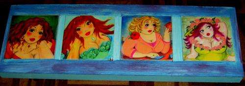 FAT LADY'S  MOUNTED ON WOODEN BOX CANVAS SIZE 450X150X30MM.
